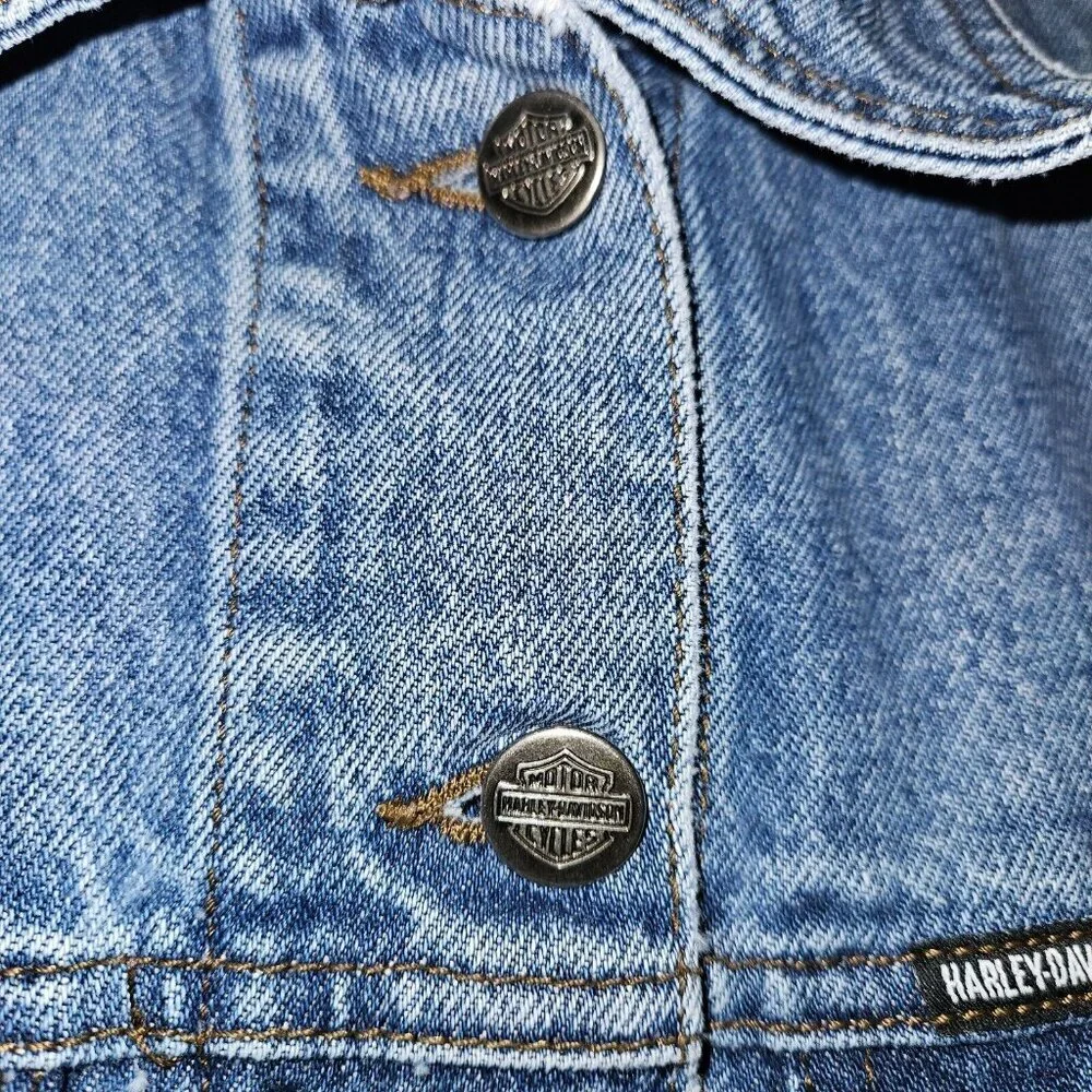 Biker Blues Harley Davidson Cropped Denim Jacket Embroidered Flags Ladies Small - Picture 14 of 14